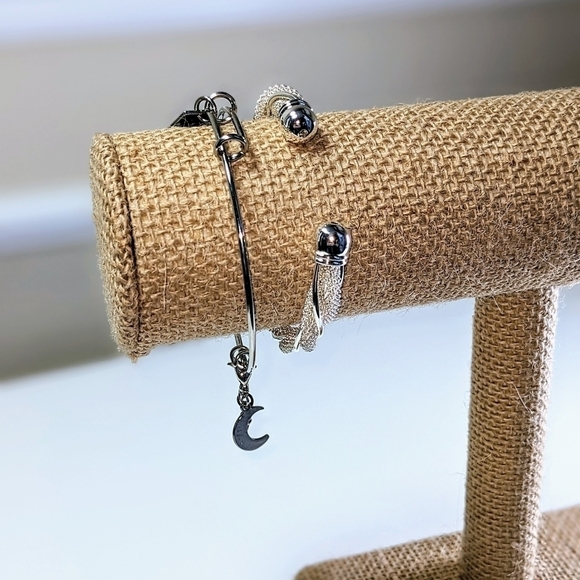 (x2) Silver Bracelets Mesh Cuff Bangle and Solid Charm Bangle Bracelets - Picture 5 of 7